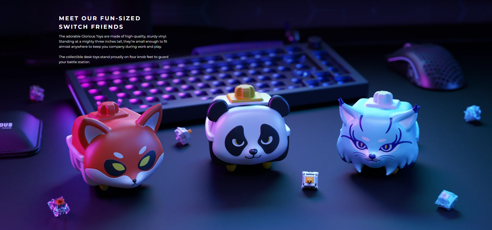 A large marketing image providing additional information about the product Glorious Switch Vinyl Toy - Panda - Additional alt info not provided